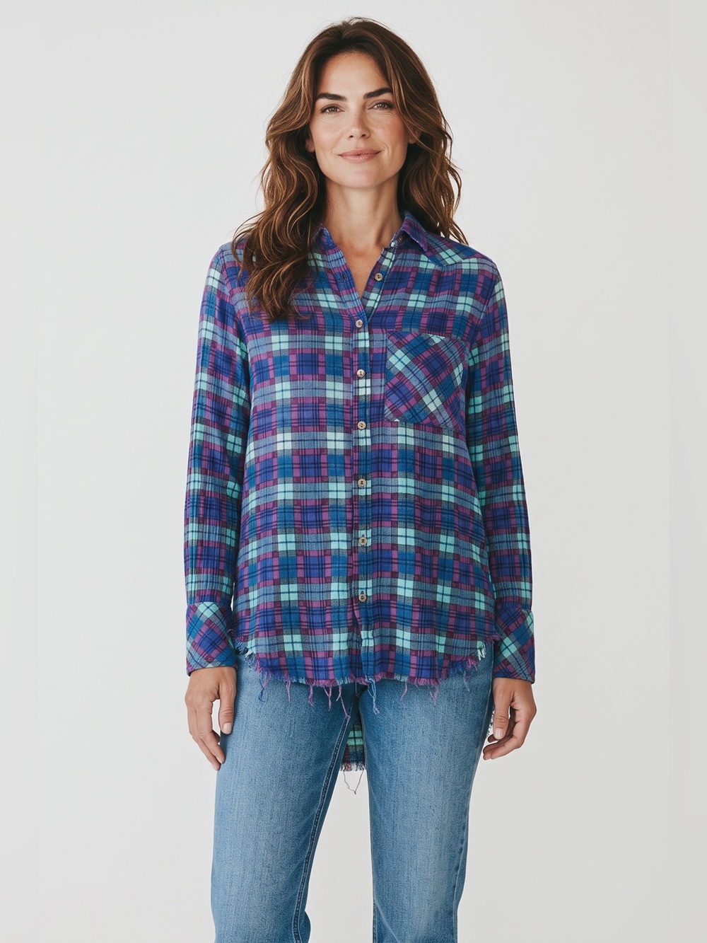 Free People Long Sleeve Button Front Plaid Tunic // Blue & Purple // XS
